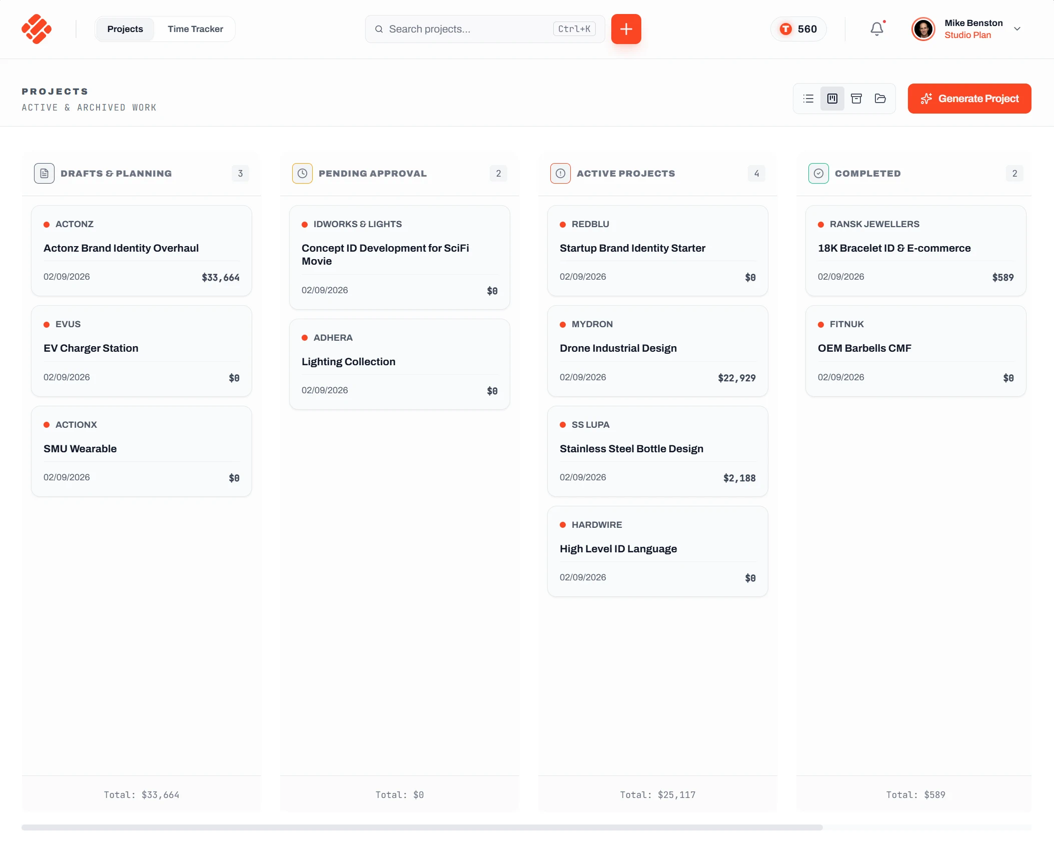 Roadbase active projects board with project status columns